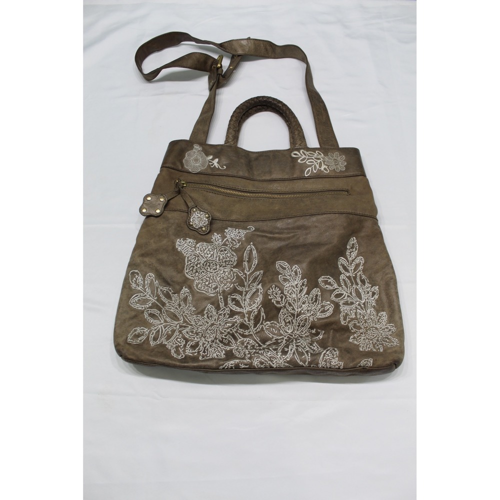 Isabella Fiore Brown Leather Embroidered Floral Tote Crossbody Bag Boho Brass